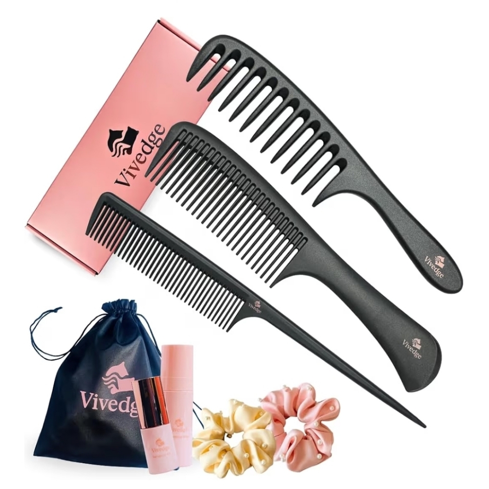 Vivedge Black Comb Set with Pink and Cream Scrunchies